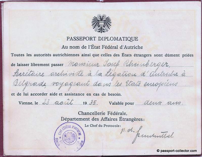 Diplomatic Passport Austria 1935 - Voting Stamps Anschluss