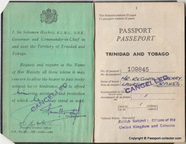 British Passport - Colony Of Trinidad & Tobago 1960 - Aircraft Engineer