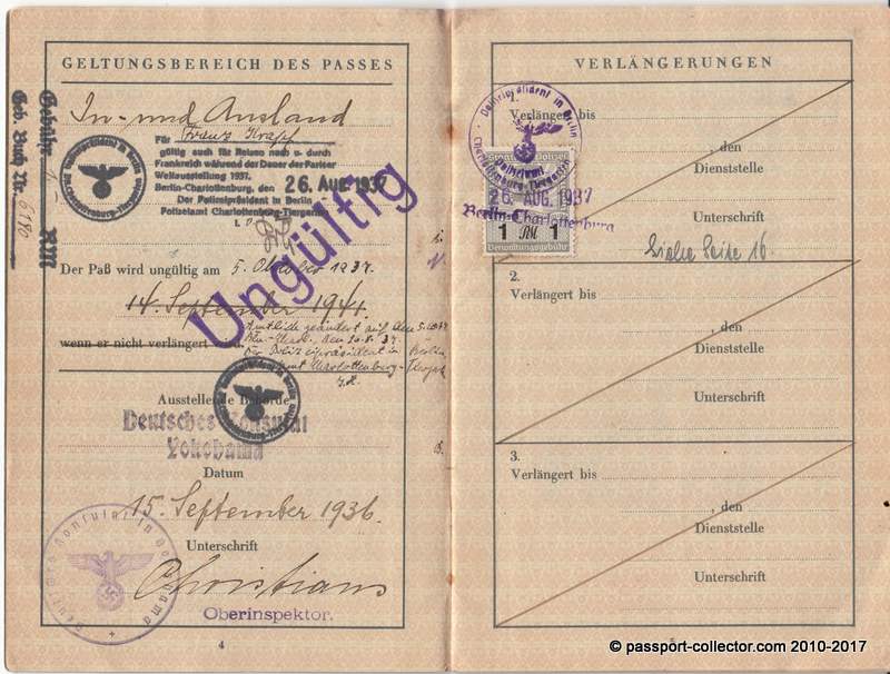 German passport issued 1936 in Yokohama (Japan) - World Expo France