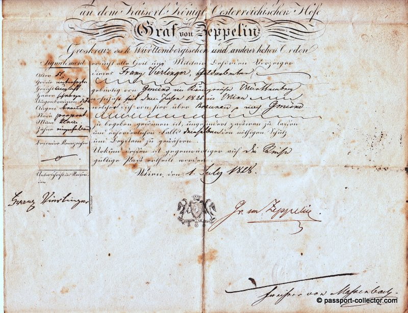 Ferdinand Ludwig von Zeppelin Passport 1828