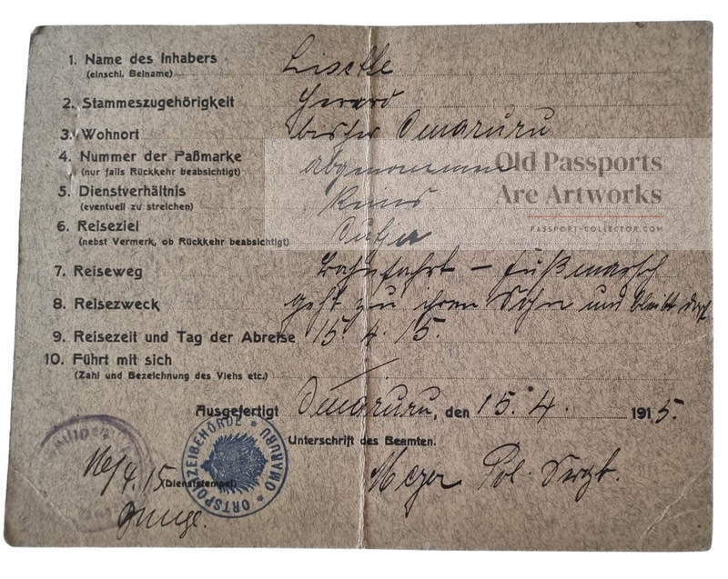 German Southwest Africa Native Passport