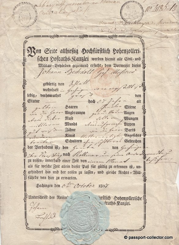 Passport Principality of Hohenzollern, Hechingen 1807