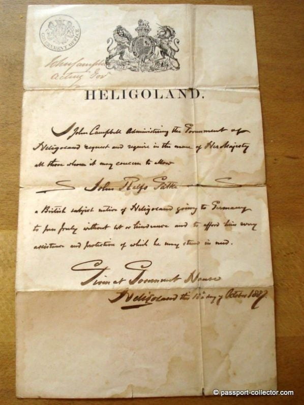 Handwritten Heligoland Passport - Government House 1881