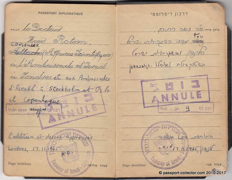 Fantastic Israeli Diplomatic Passport 1965 of Zeev Rotem