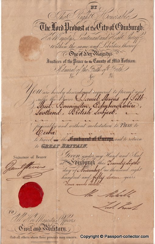 Passport, Scotland 1857 issued to Daniel Stevens to travel to Cuba