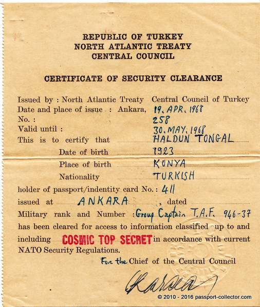 Turkish NATO Travel Document Includes Cosmic Security Clearance