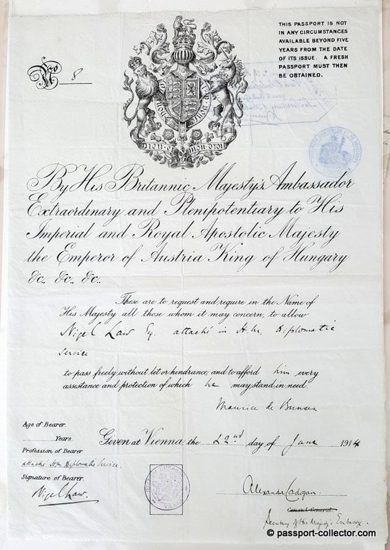 British Diplomatic Passport For Attache Nigel Law 1914 