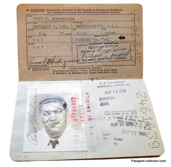 Rocky Marciano US Passport 1965